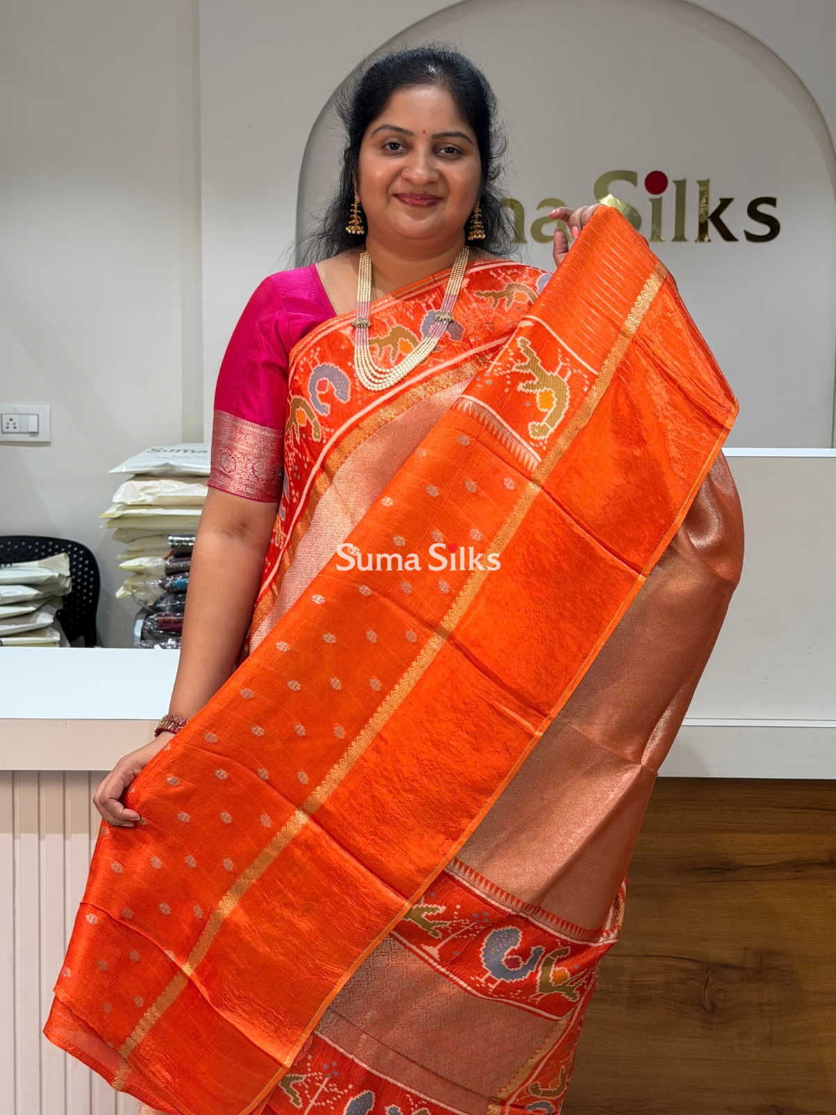 Brocade Tissue with Patola Border Saree Orange Color