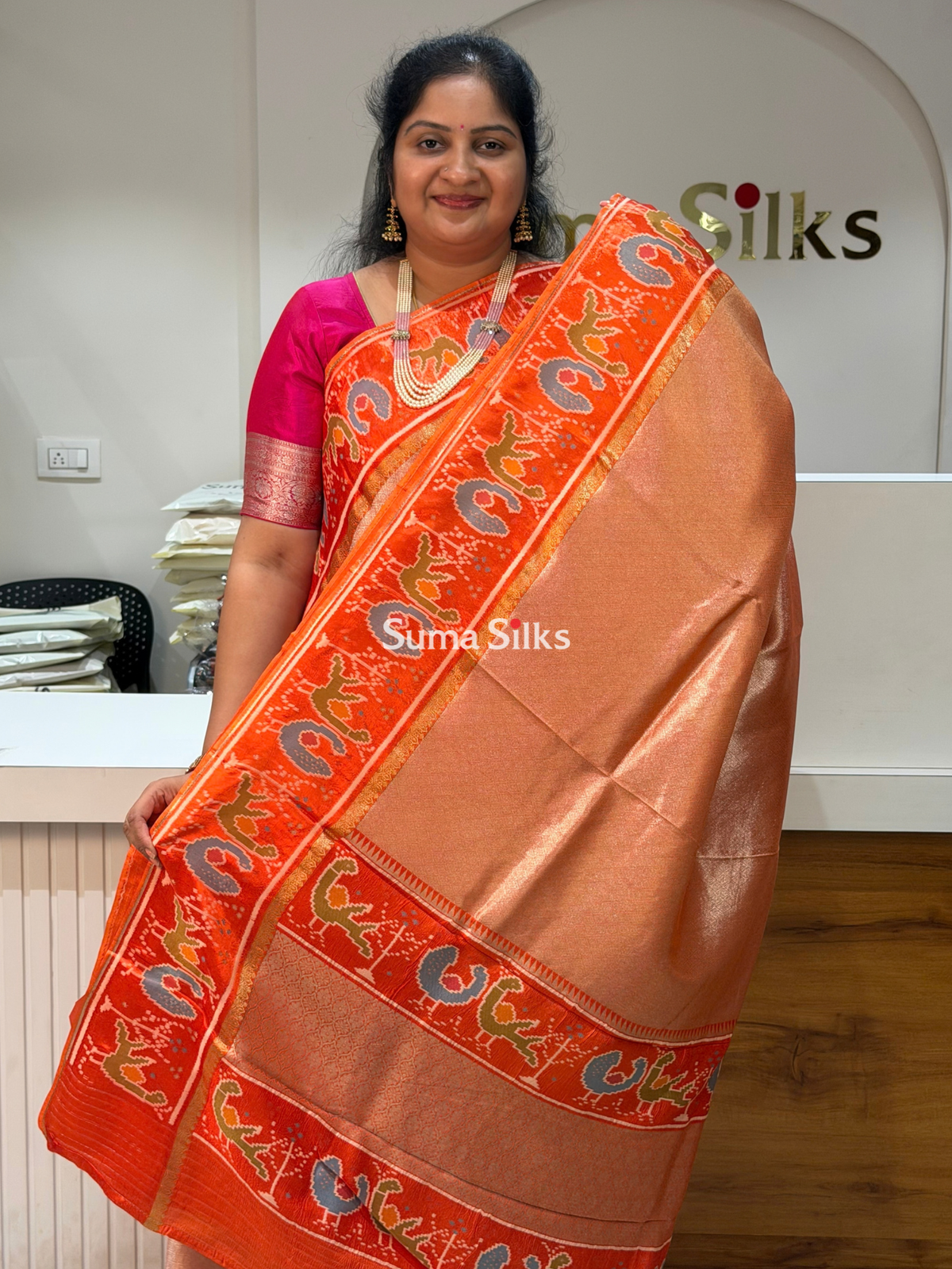 Brocade Tissue with Patola Border Saree Orange Color