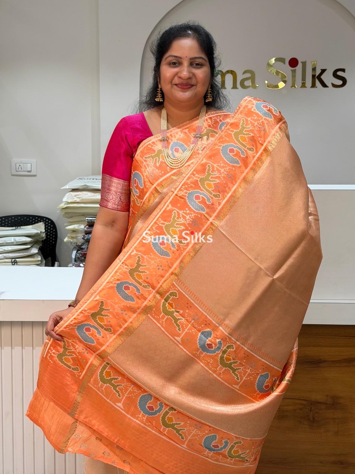 Brocade Tissue with Patola Border Saree Peach Color