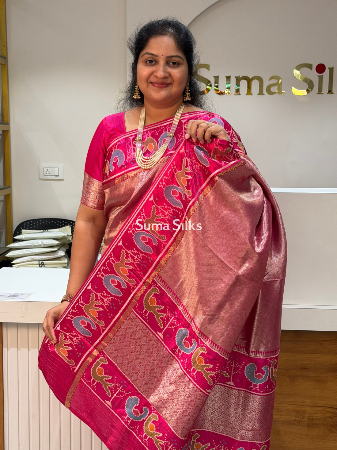 Brocade Tissue with Patola Border Saree Rani Pink Color