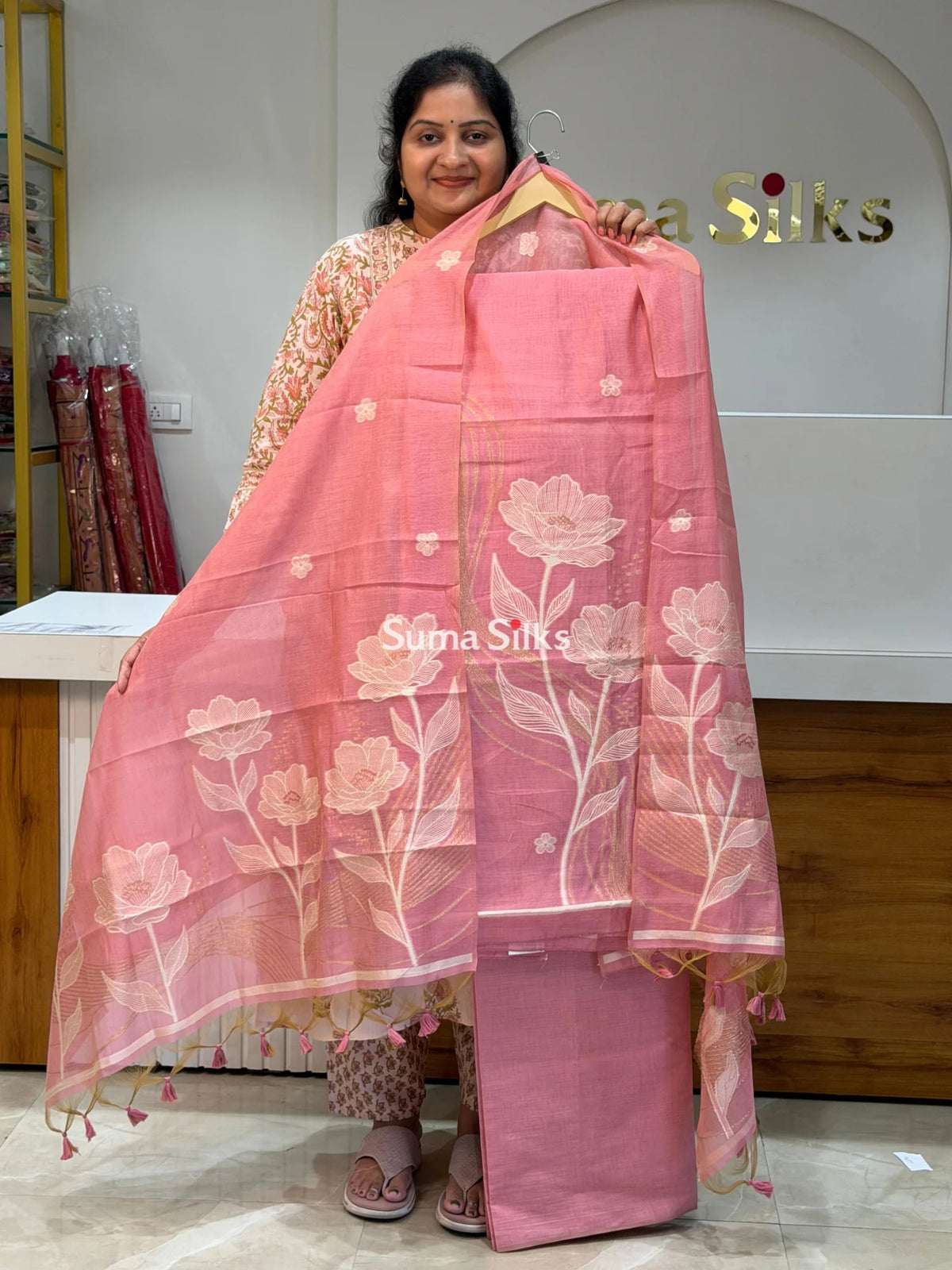 Chanderi Jamdani Dress Material Baby Pink Color