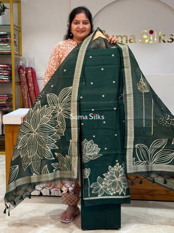 Chanderi Jamdani Dress Material Bottle Green Color