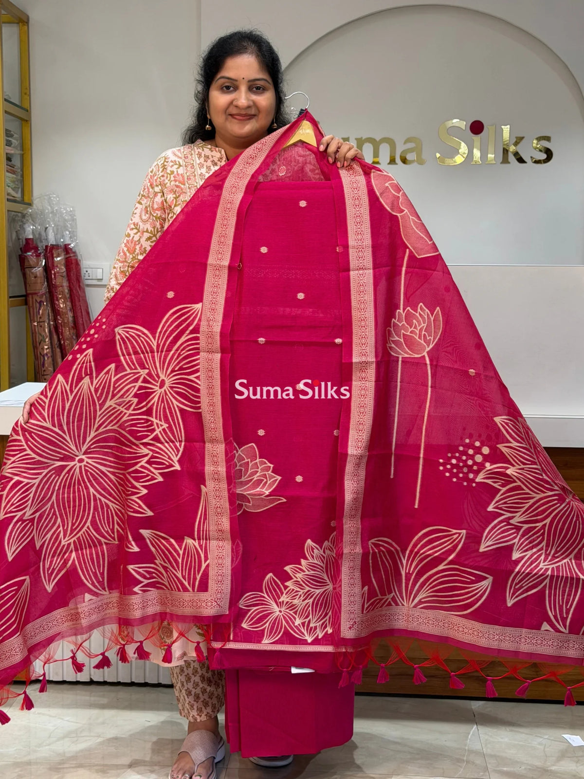 Chanderi Jamdani Dress Material Rani Color