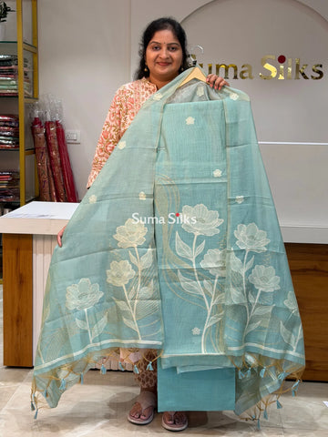 Chanderi Jamdani Dress Material Sea Blue Color
