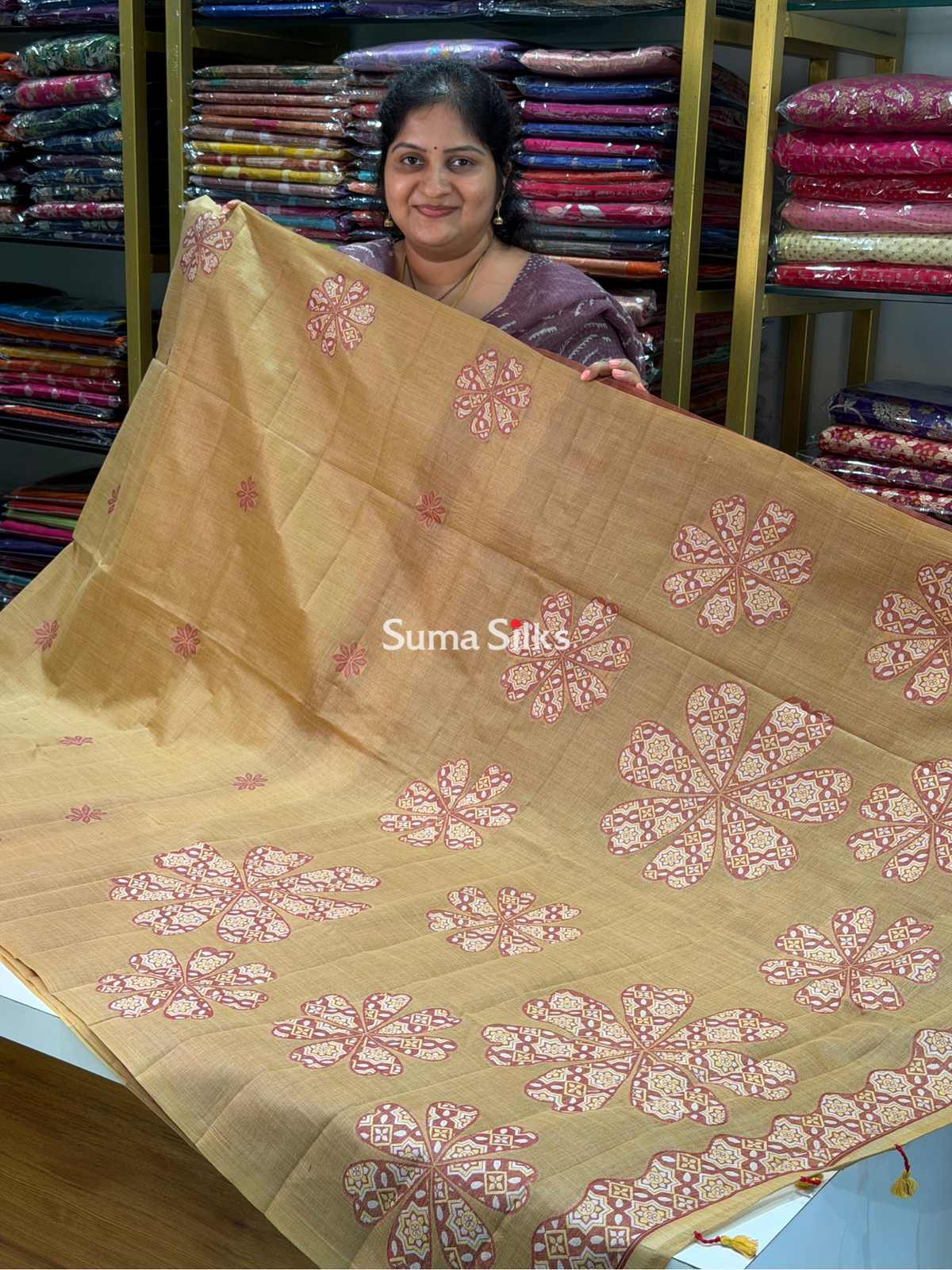 Linen Jamdani Flower Design Brown