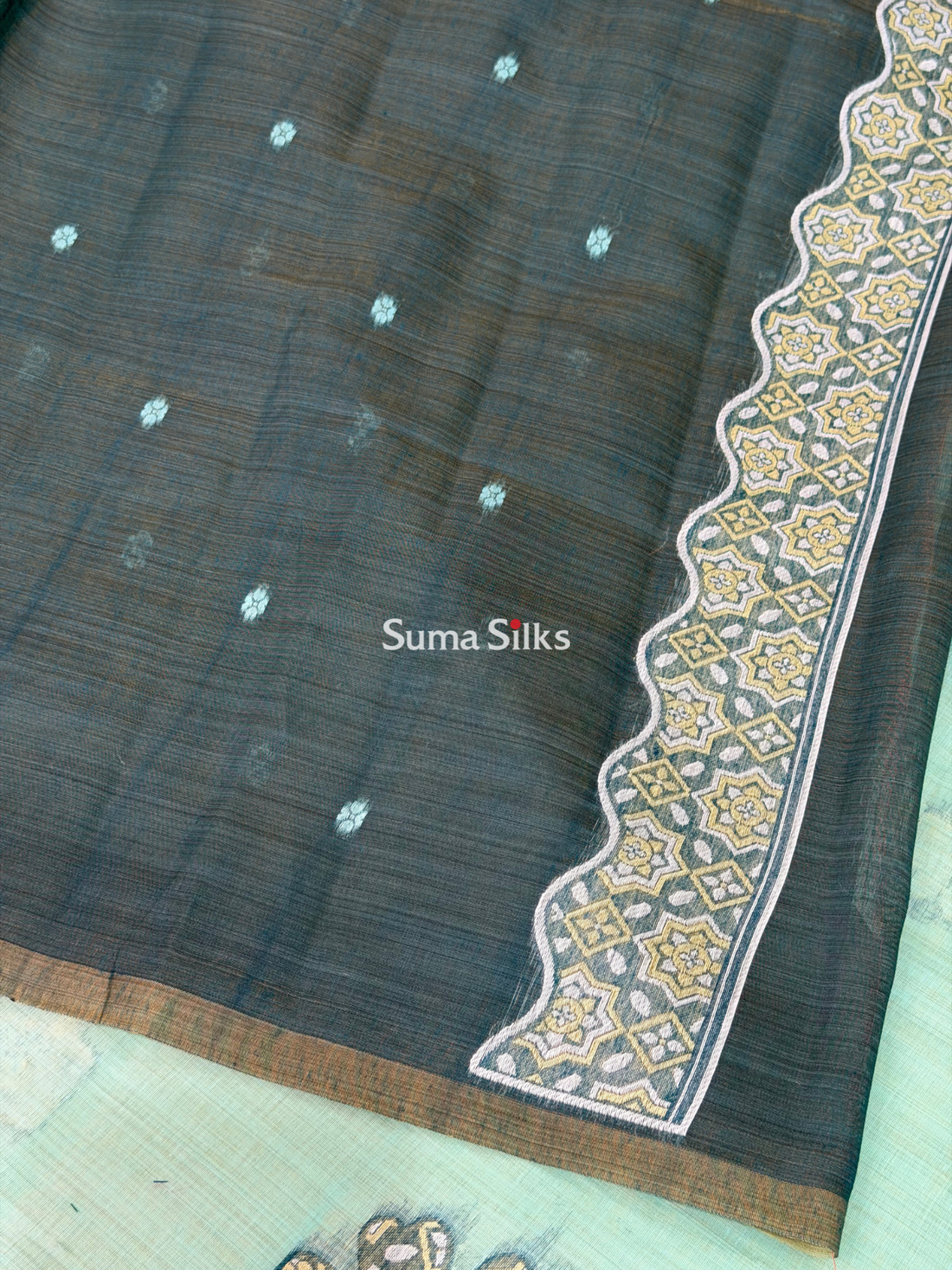 Linen Jamdani Flower Design Sea Green