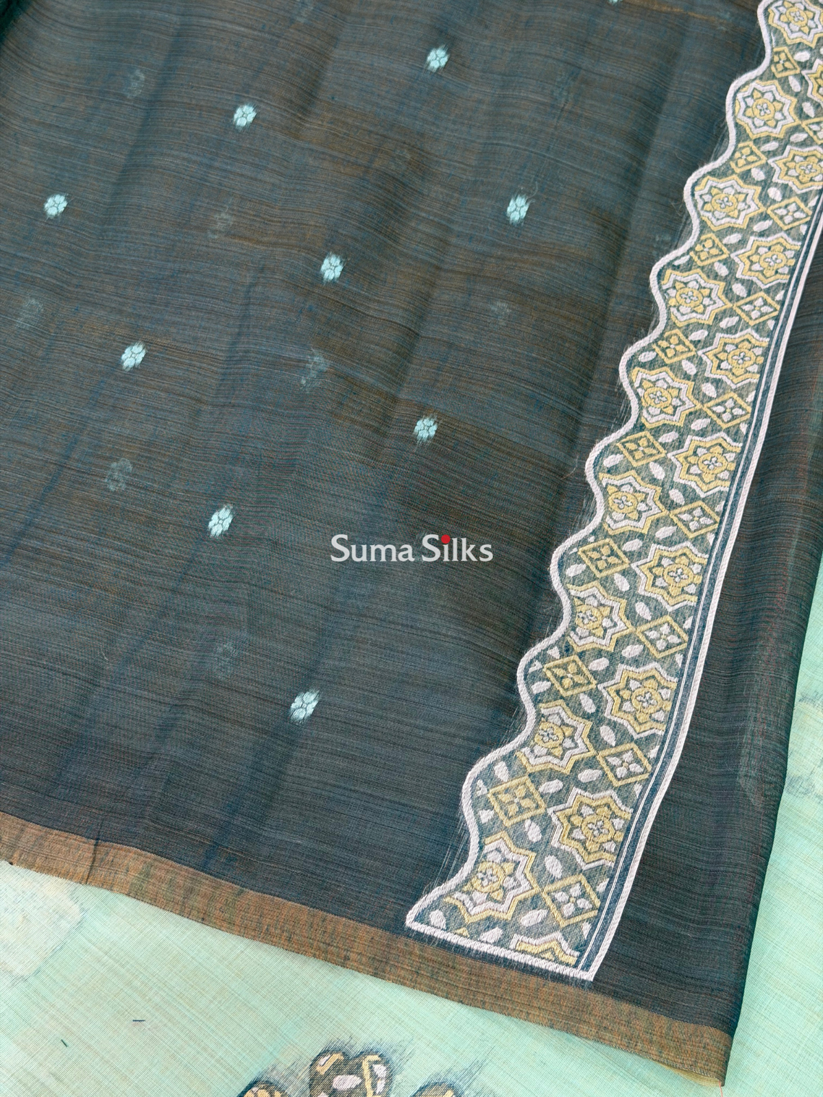 Linen Jamdani Flower Design Sea Green