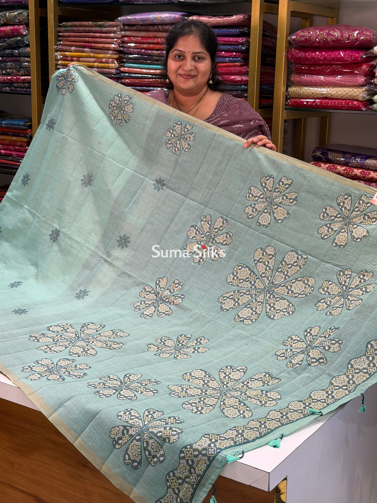 Linen Jamdani Flower Design Sea Green