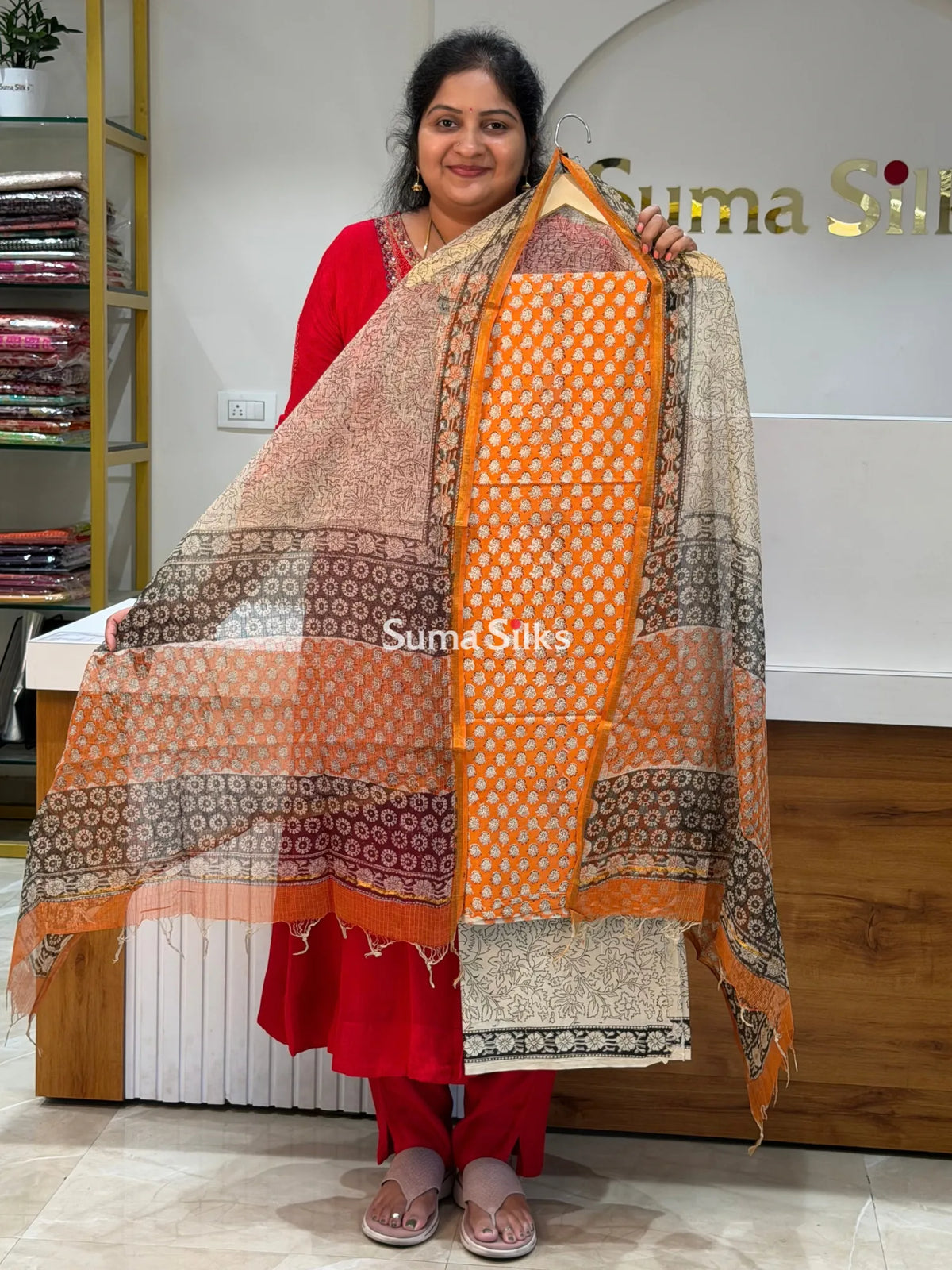 Cotton with Kota Dupatta Bud Stem Orange