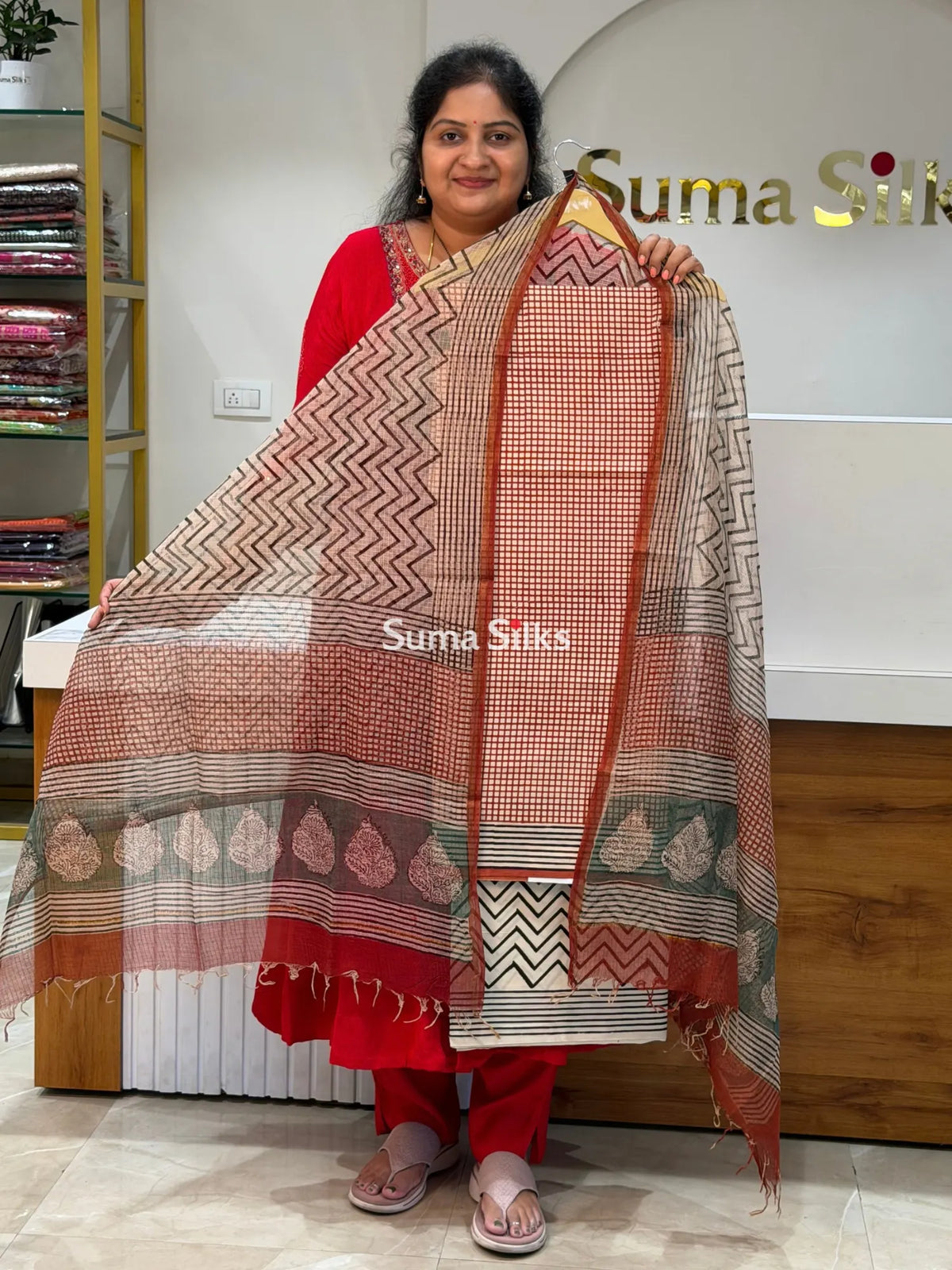 Cotton with Kota Dupatta Checks Red
