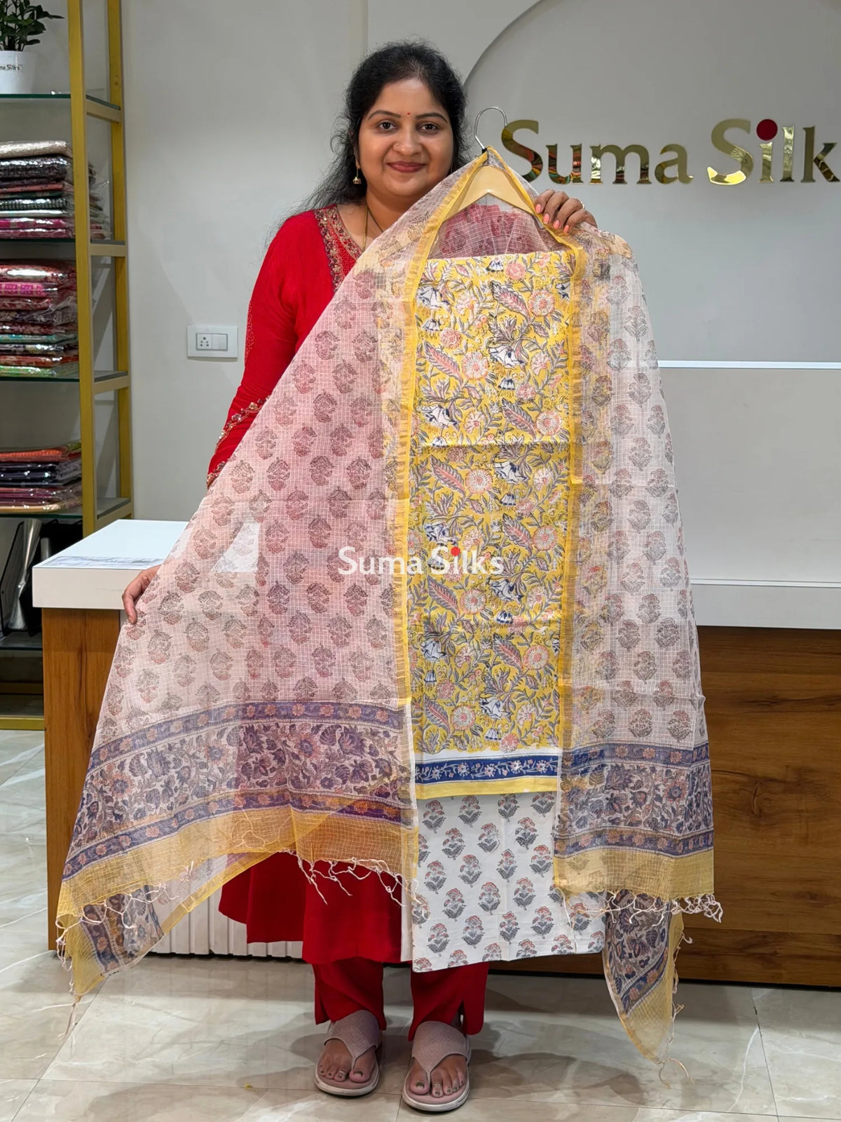 Cotton with Kota Dupatta Floral Creeper Yellow