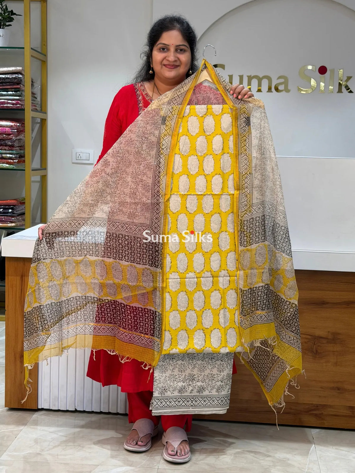 Cotton with Kota Dupatta Floral Plant Yellow