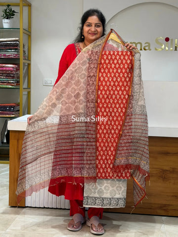 Cotton with Kota Dupatta Floral Stem Red