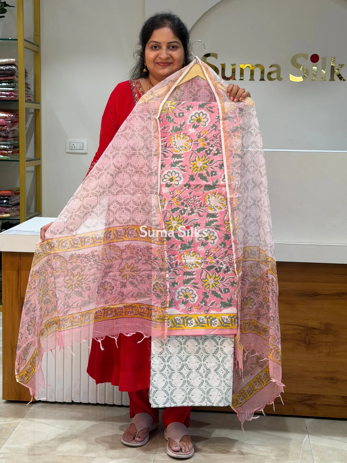 Cotton with Kota Dupatta Green Creeper Baby Pink