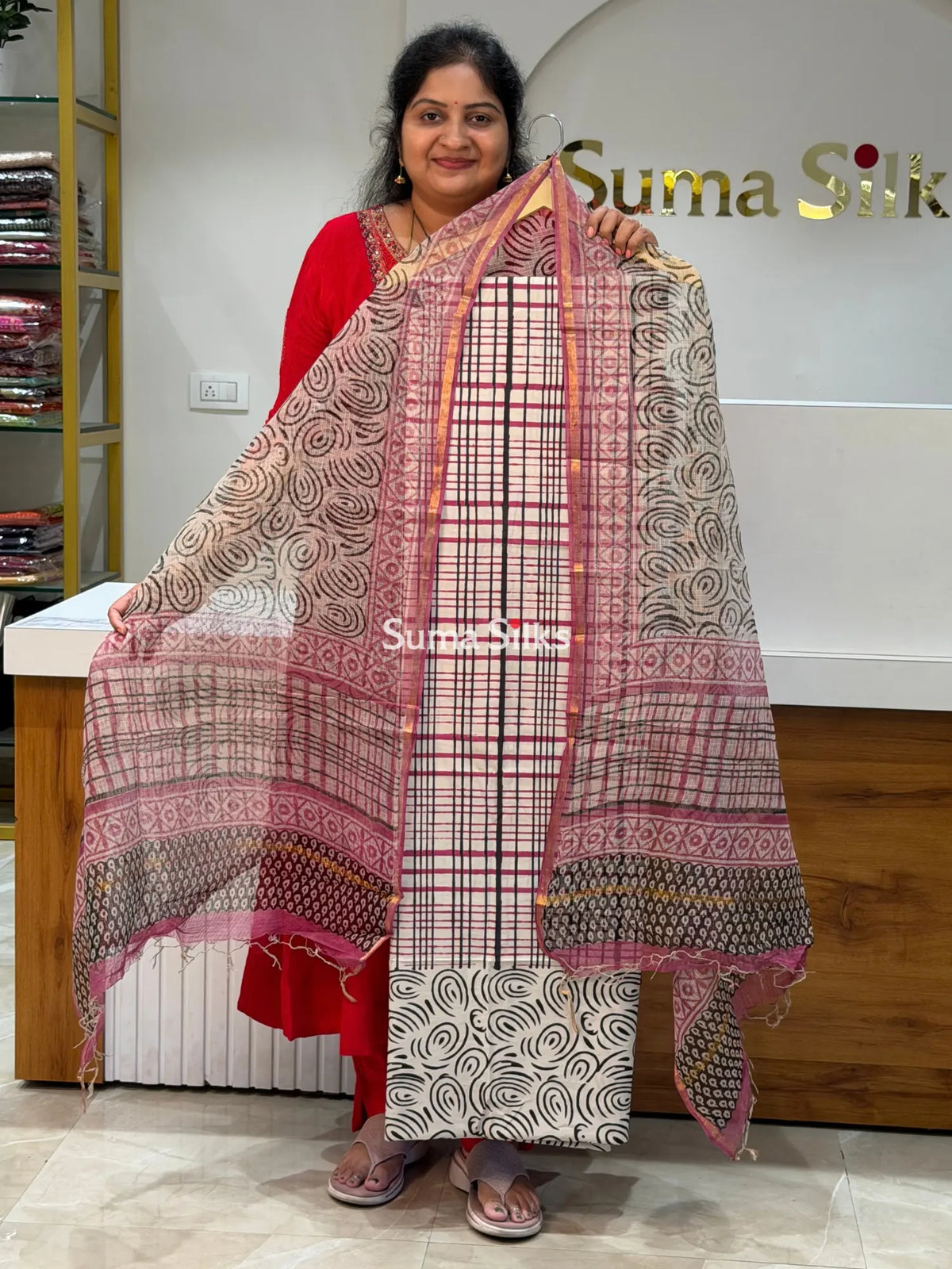 Cotton with Kota Dupatta Multi Check Pink