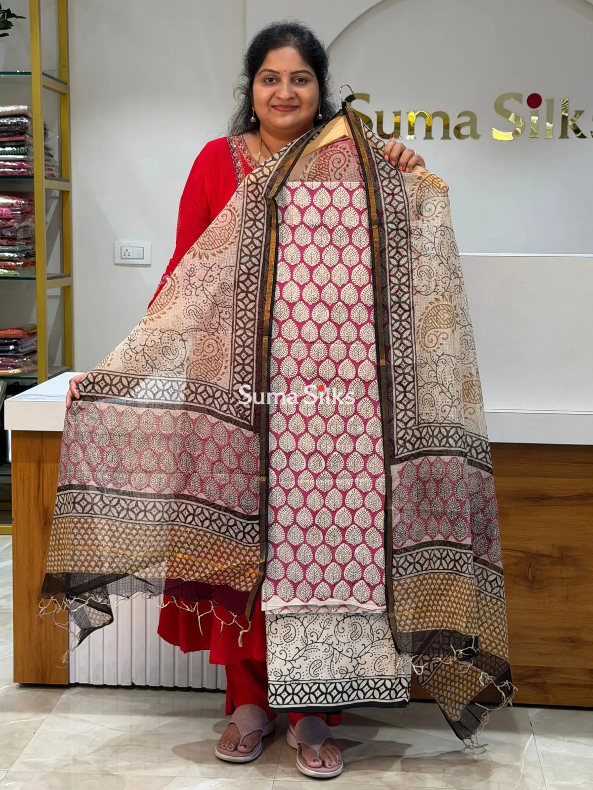 Cotton with Kota Dupatta Leaf Magenta