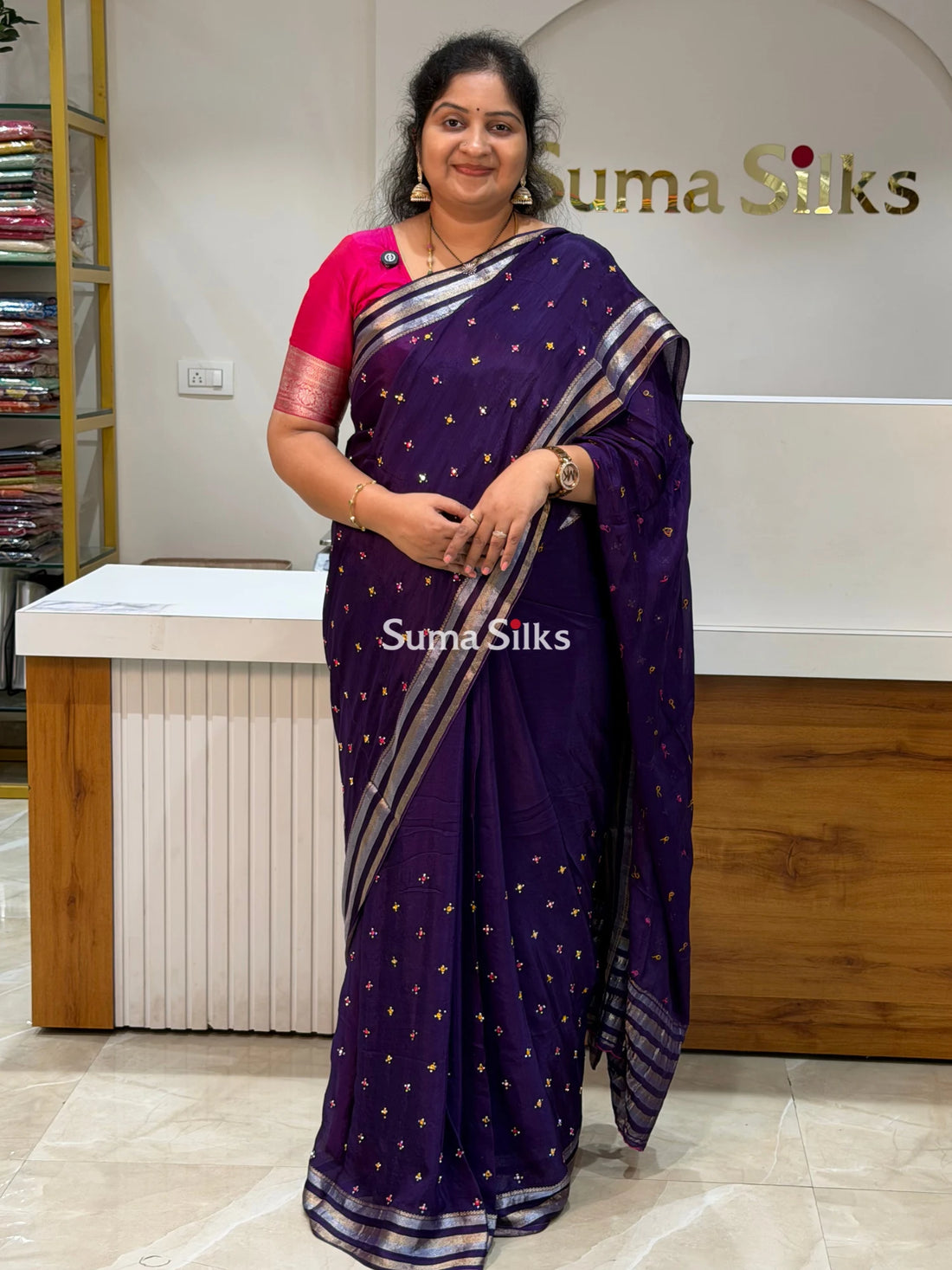Crepe Georgette Saree Dark Violet Color