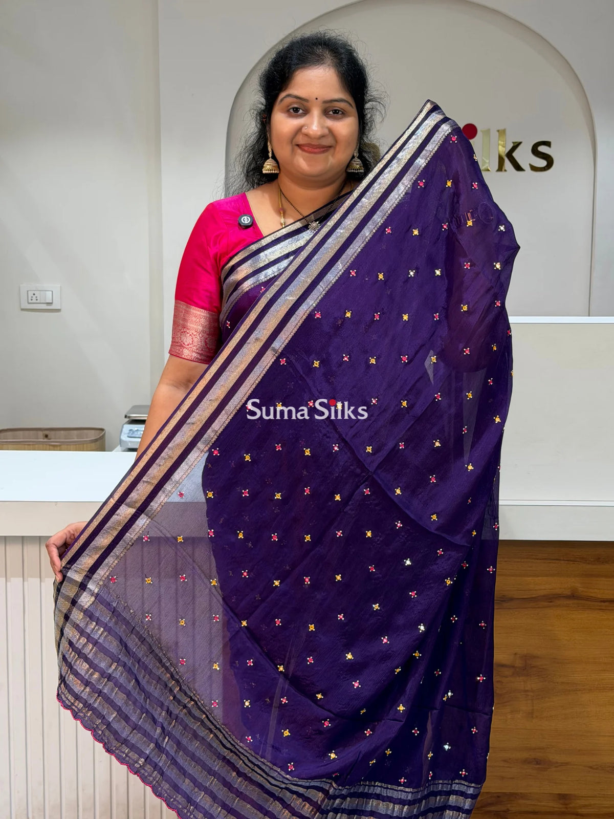 Crepe Georgette Saree Dark Violet Color