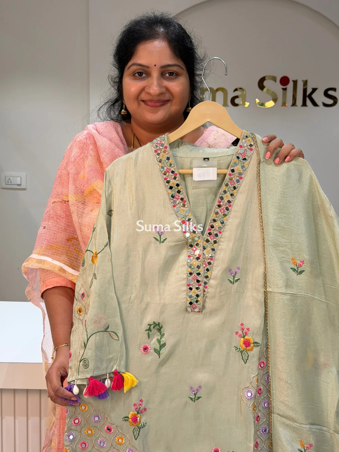 Designer Crepe Tissue with Heavy Mirror Work and Embroidery