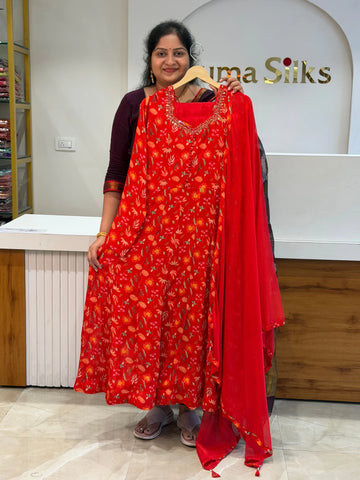 Chinnon Georgette Orange Color Fancy Suit with Kaddhana Work on Neck.