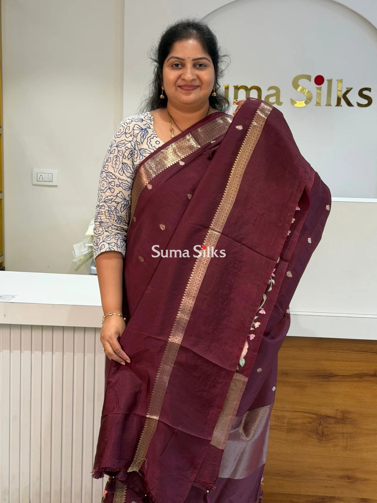 Green Mango Embroidery Brown Color Saree