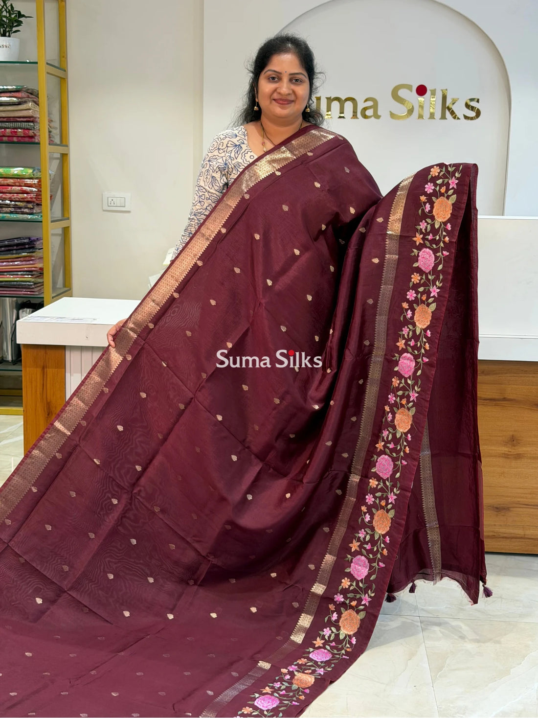 Green Mango Embroidery Brown Color Saree