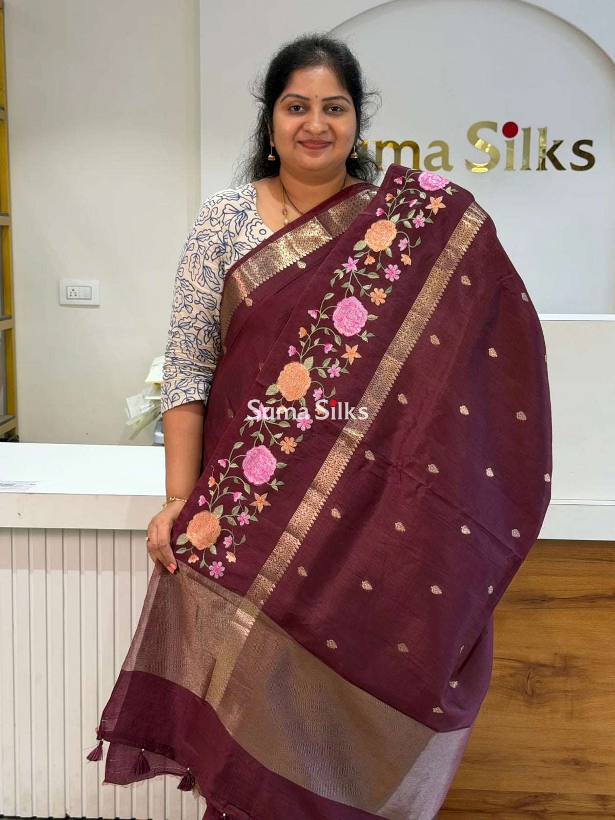 Green Mango Embroidery Brown Color Saree