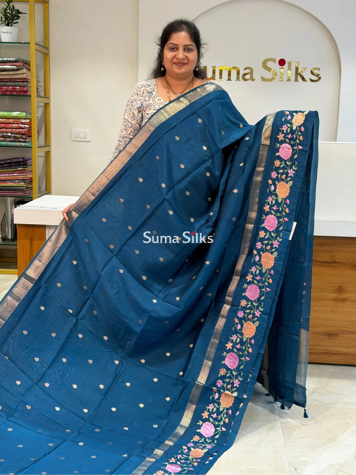 Green Mango Embroidery German Blue Color Saree