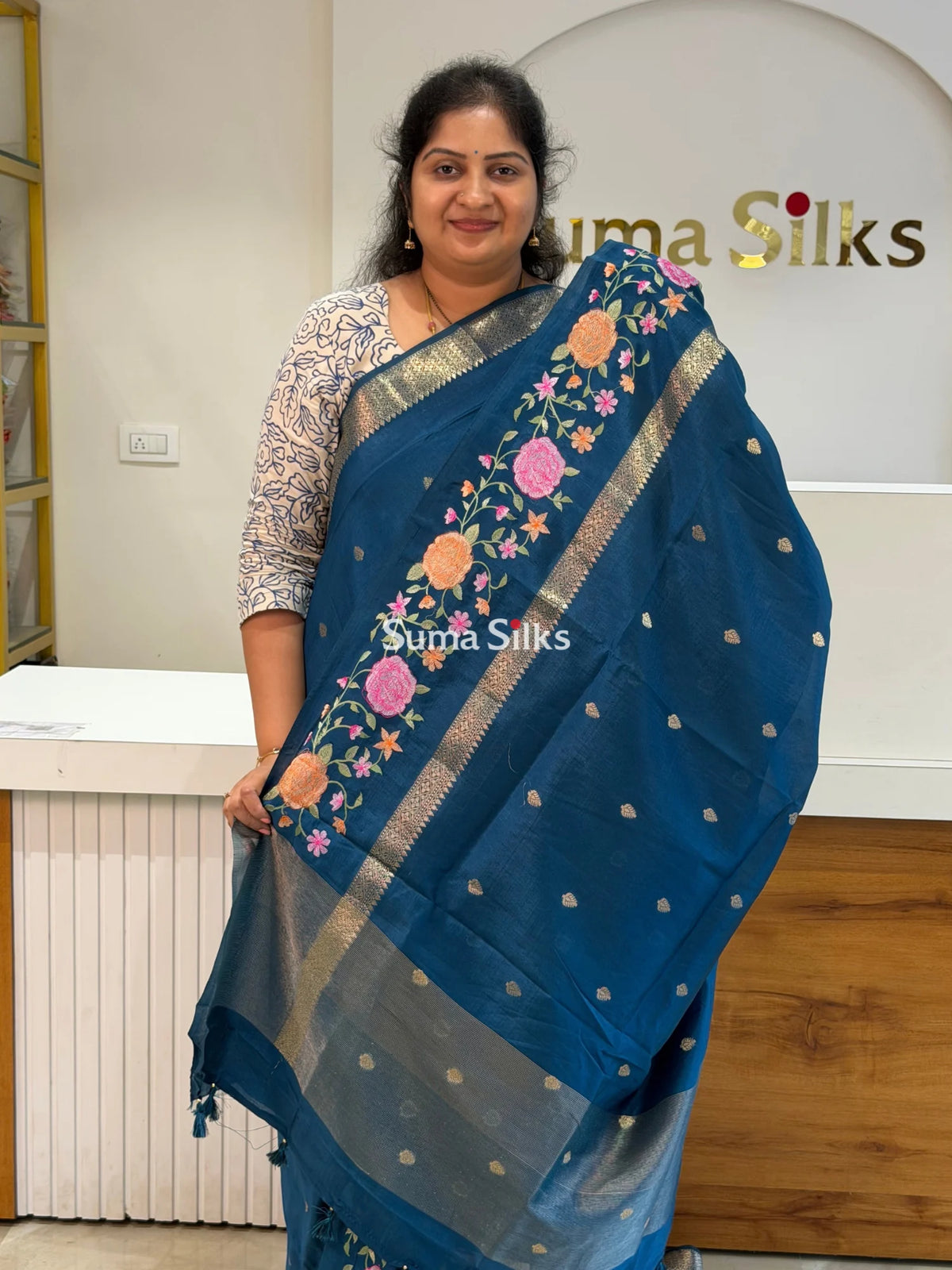 Green Mango Embroidery German Blue Color Saree