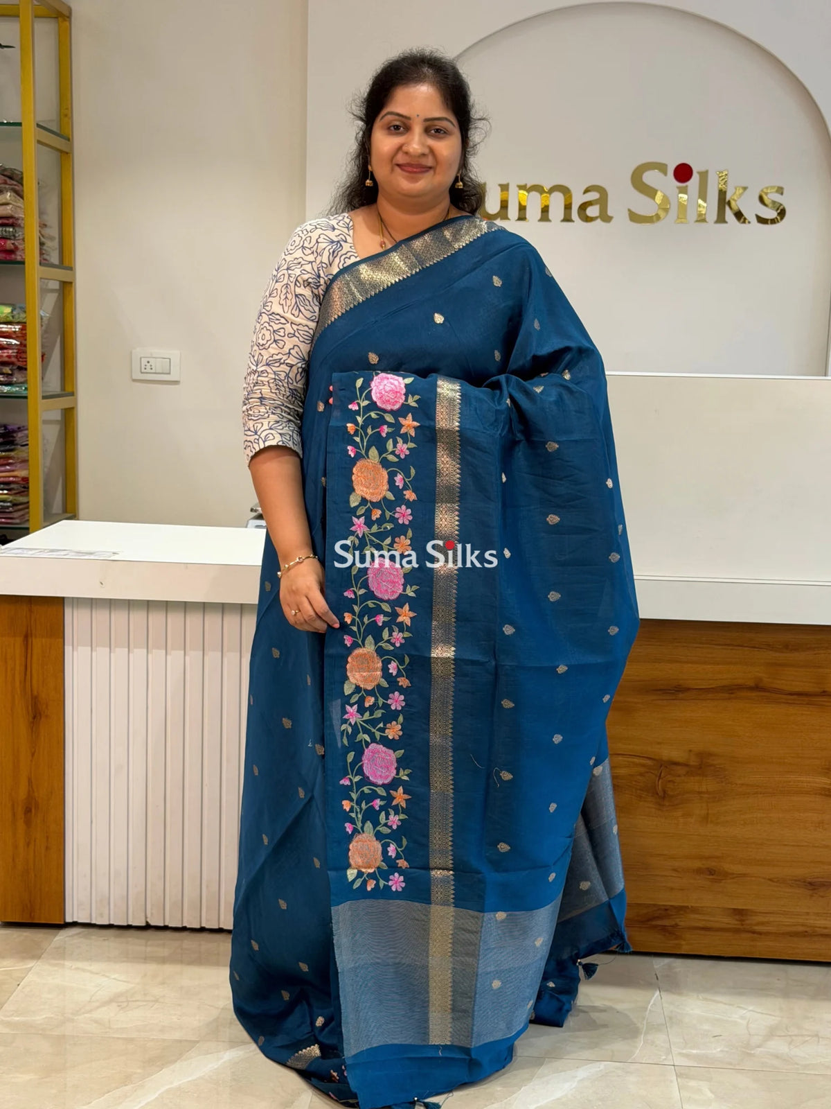 Green Mango Embroidery German Blue Color Saree