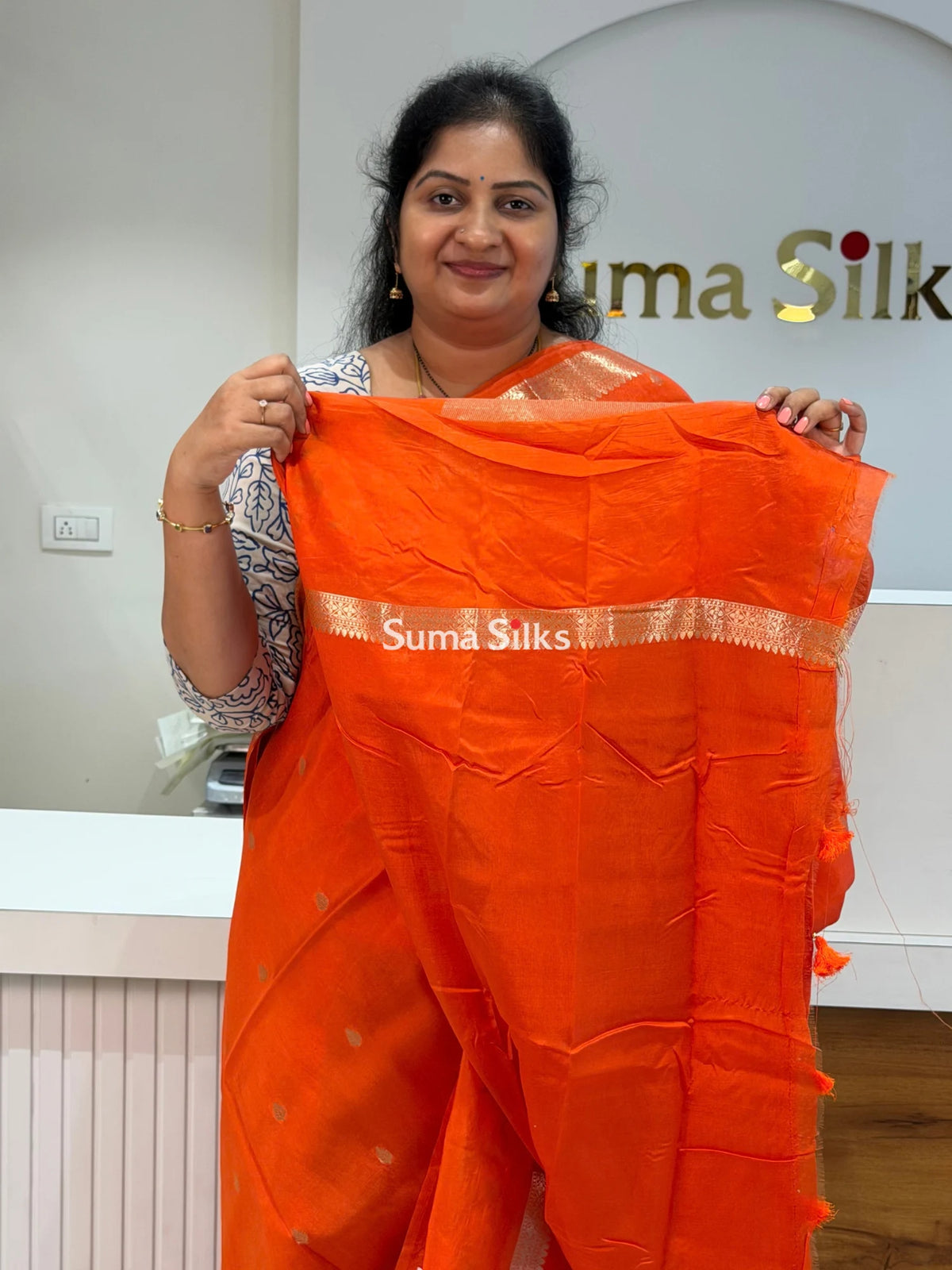 Green Mango Embroidery Orange Color Saree
