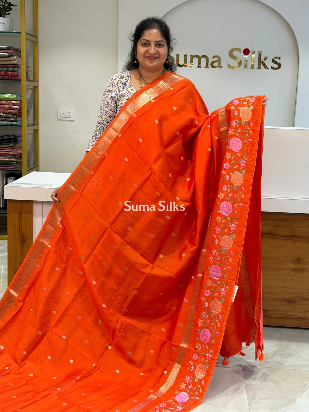 Green Mango Embroidery Orange Color Saree