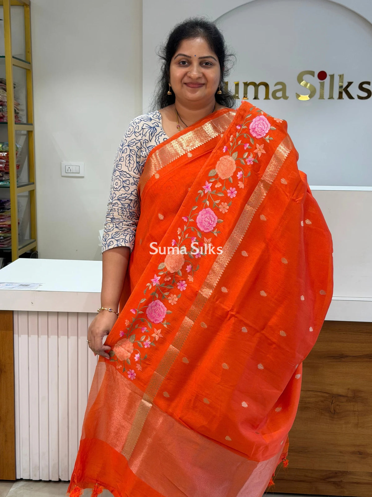 Green Mango Embroidery Orange Color Saree