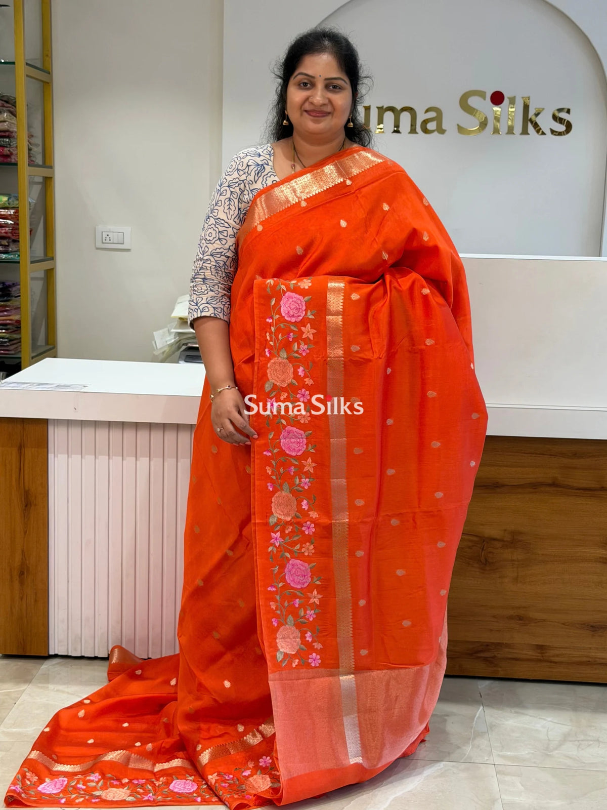 Green Mango Embroidery Orange Color Saree