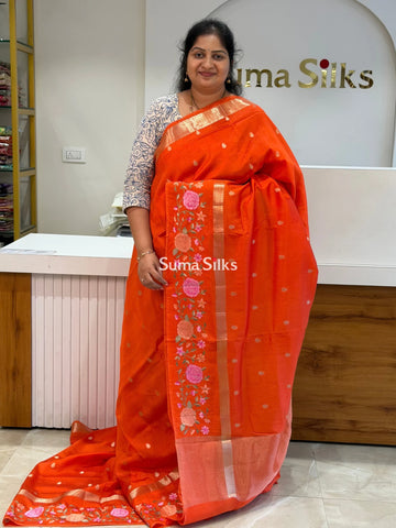 Green Mango Embroidery Orange Color Saree