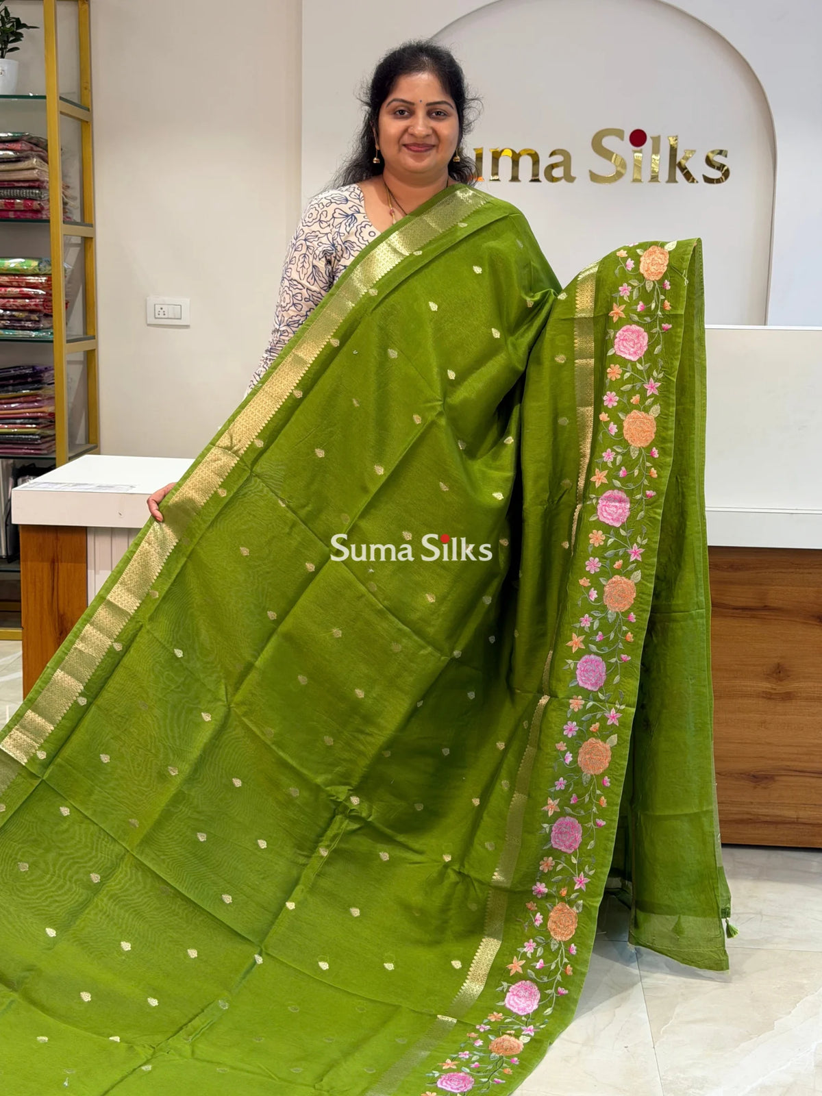 Green Mango Embroidery Parrot Green Color Saree