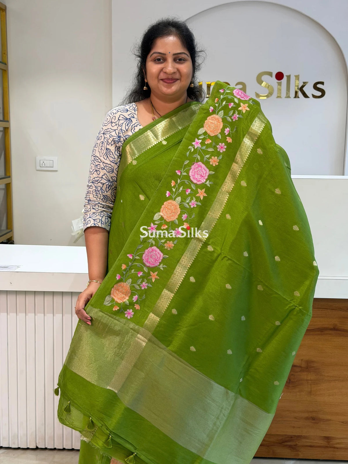 Green Mango Embroidery Parrot Green Color Saree