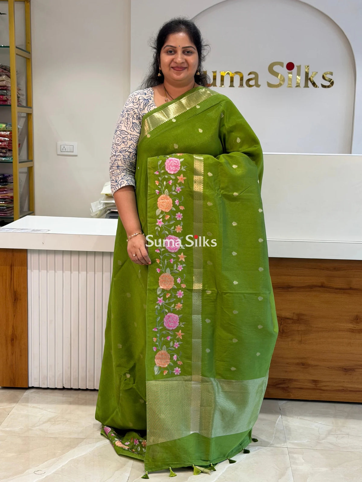 Green Mango Embroidery Parrot Green Color Saree