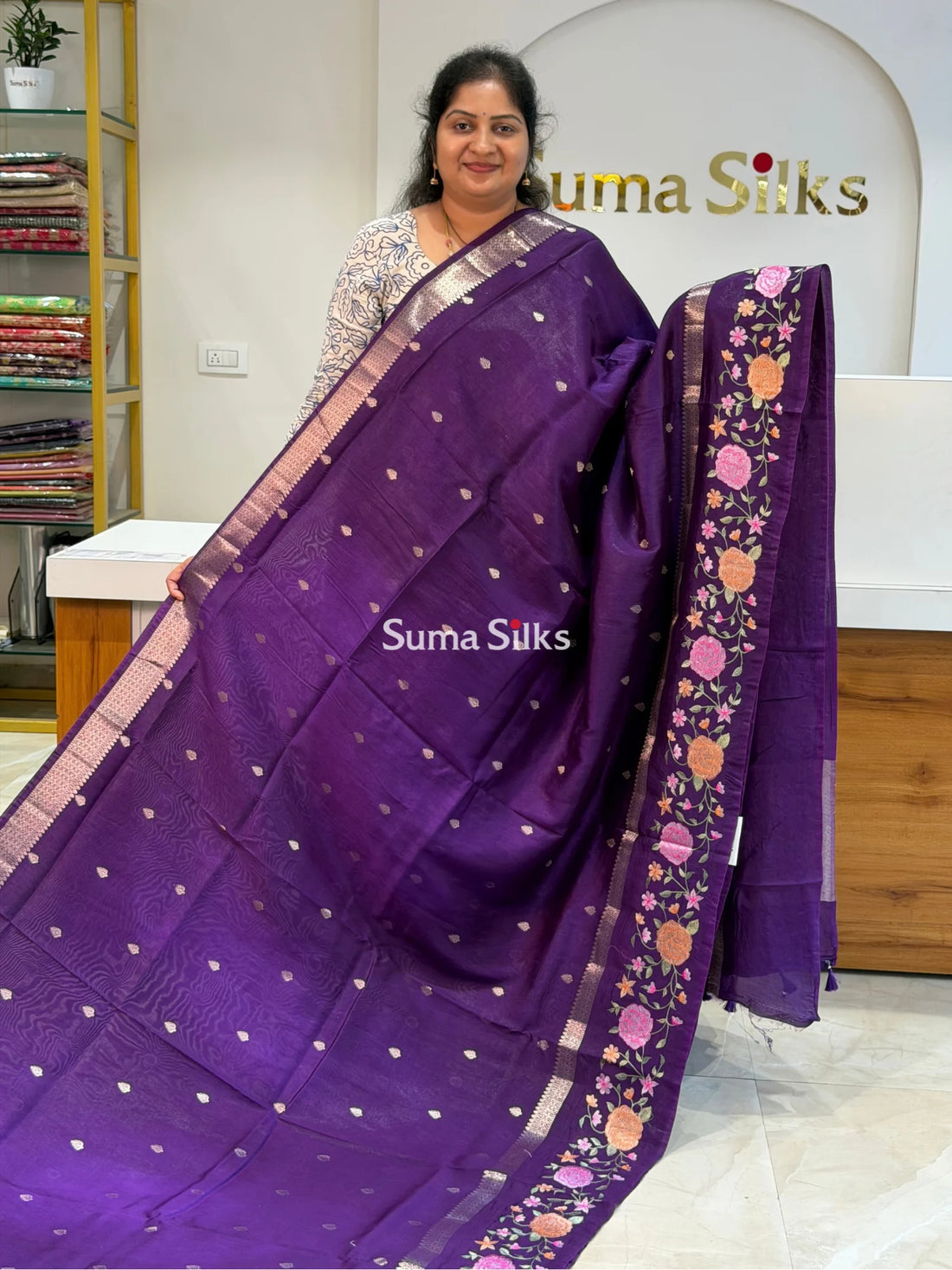 Green Mango Embroidery Purple Color Saree