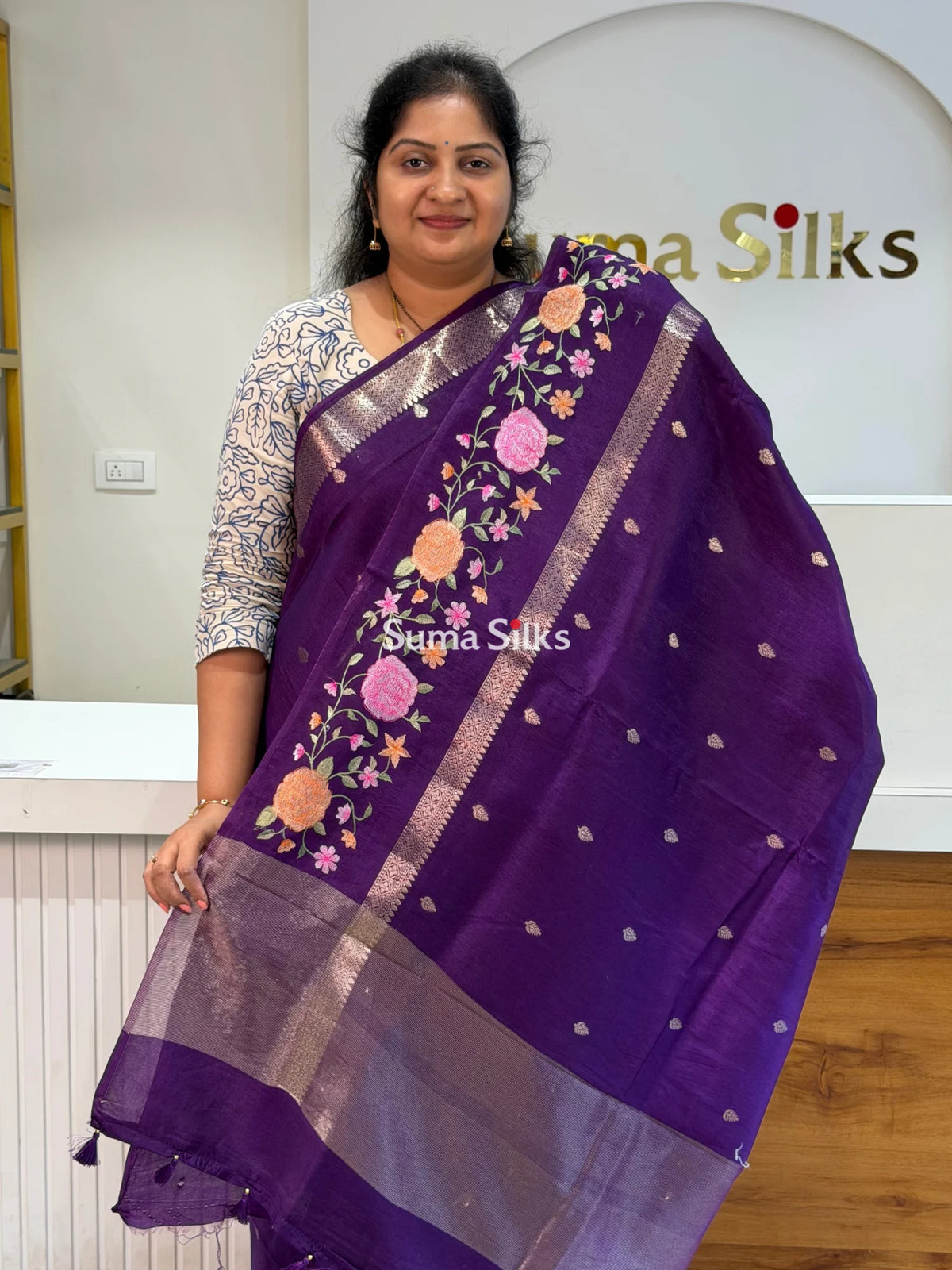 Green Mango Embroidery Purple Color Saree
