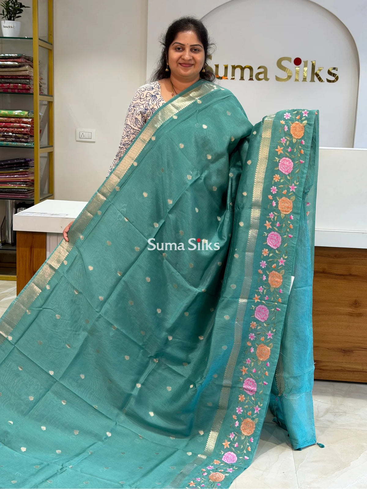 Green Mango Embroidery Rama Green Color Saree