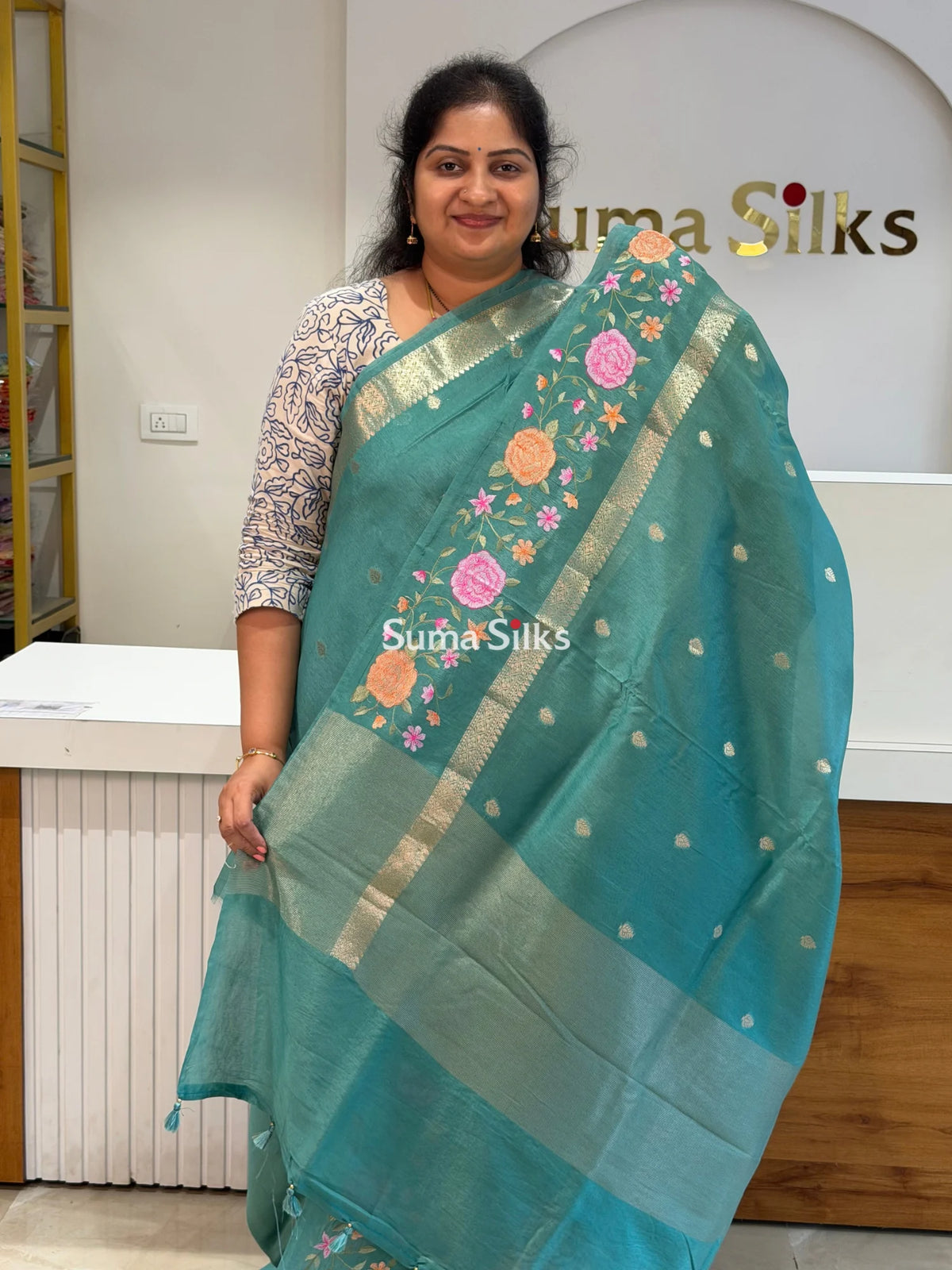 Green Mango Embroidery Rama Green Color Saree