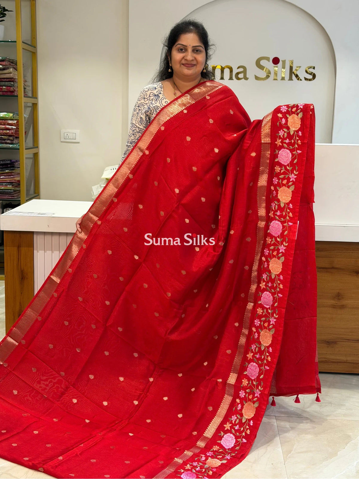 Green Mango Embroidery Red Color Saree