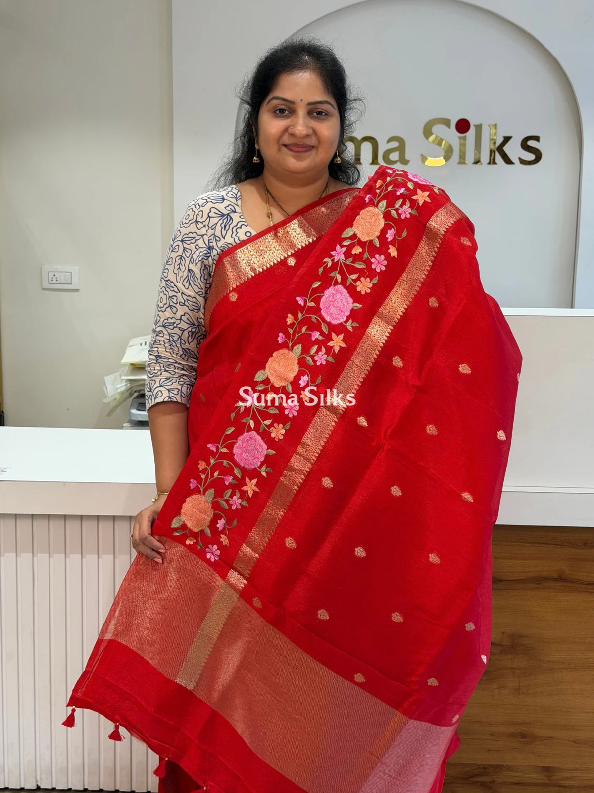 Green Mango Embroidery Red Color Saree