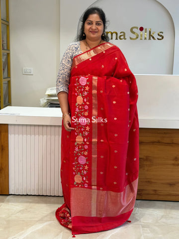 Green Mango Embroidery Red Color Saree