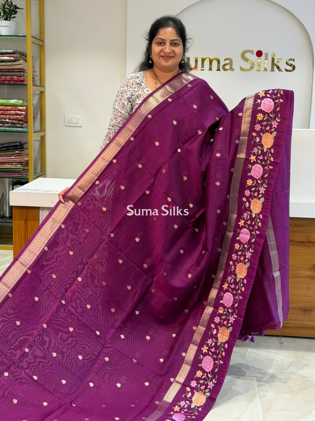 Green Mango Embroidery Wine Color Saree
