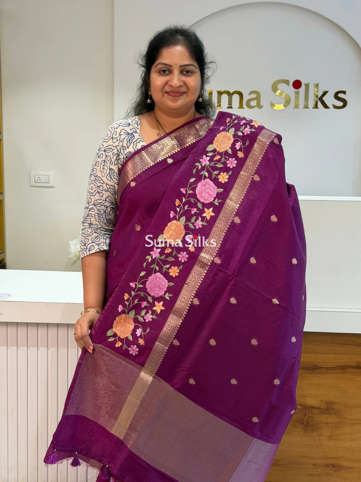 Green Mango Embroidery Wine Color Saree