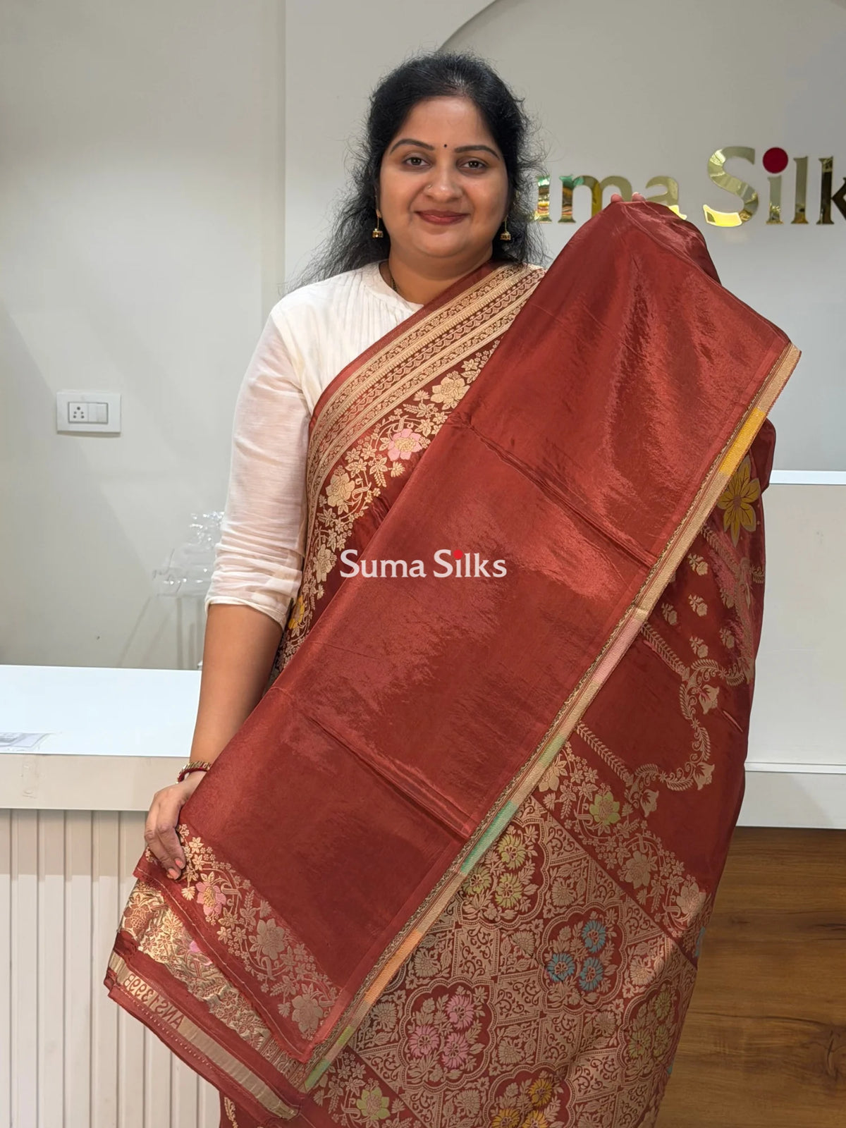 HO Crepe Silk Saree Center Design Brown Color