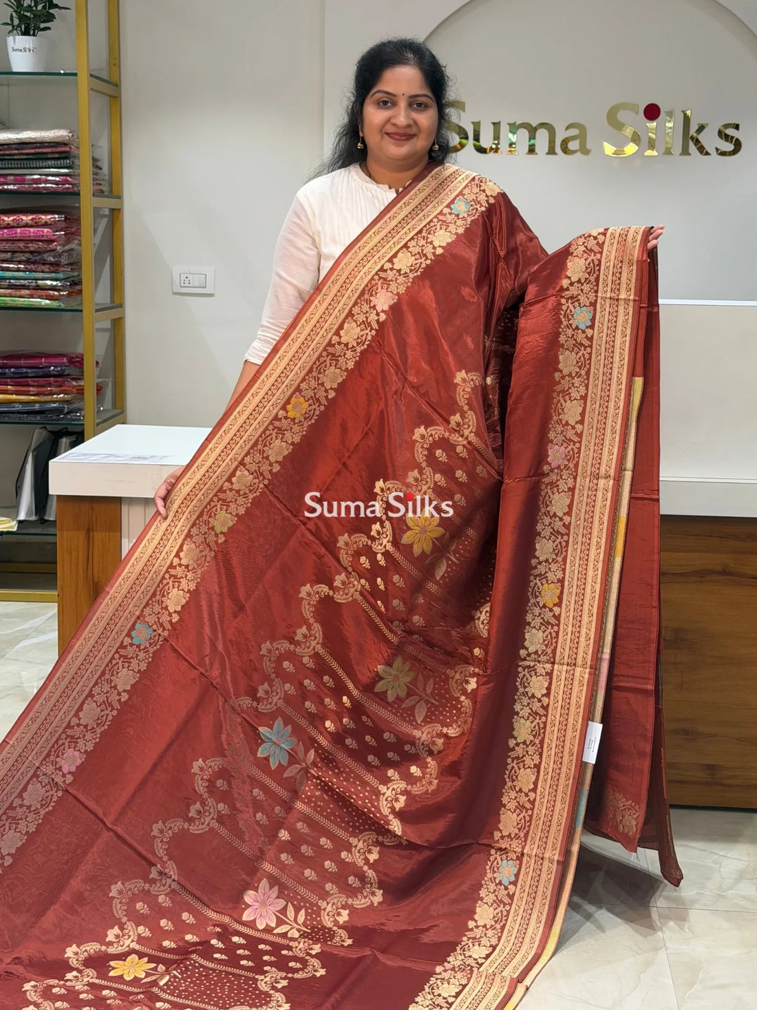 HO Crepe Silk Saree Center Design Brown Color