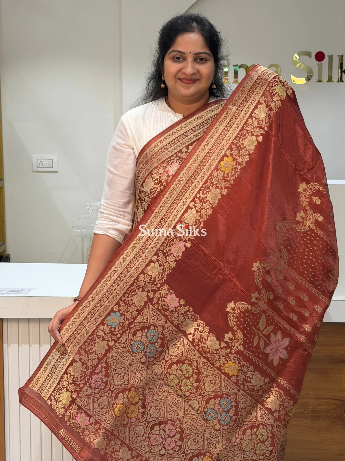 HO Crepe Silk Saree Center Design Brown Color